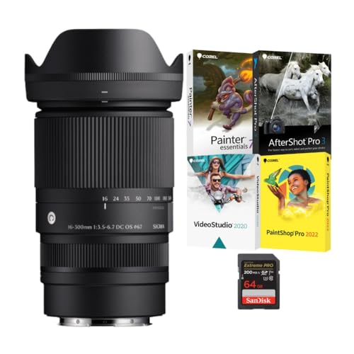 Sigma 16-300mm F3.5-6.7 DC OS Contemporary Lens (Sony E-Mount) Bundle with Software and 64GB Memory Card (3 Items)