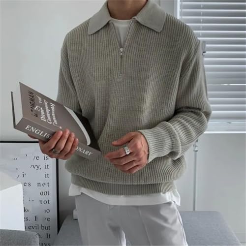 Men Winter Lapel Sweater Warm Knit Pullover Korean Loose Zipper Long Sleeve Sweaters3