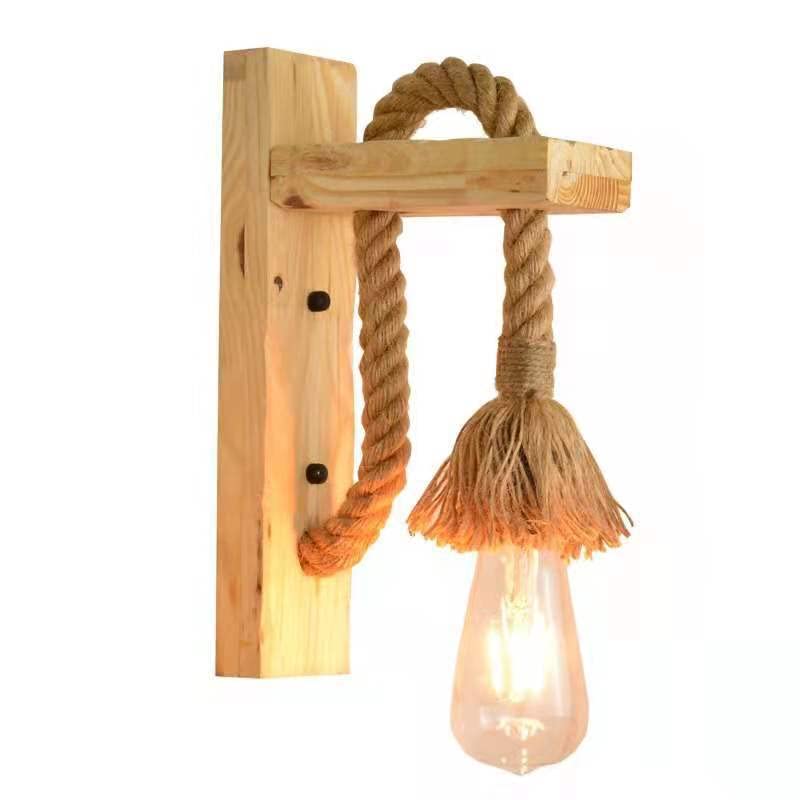 Lámpara de pared E27 vintage con cuerda de cáñamo caqui para interior