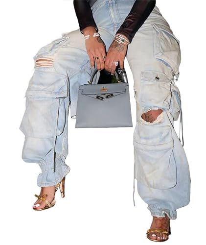 Sexyshine Women's High Waist Cargo Jeans Pants Y2K Baggy Loose Distressed Ripped Long Denim Pants with Multi Pockets3