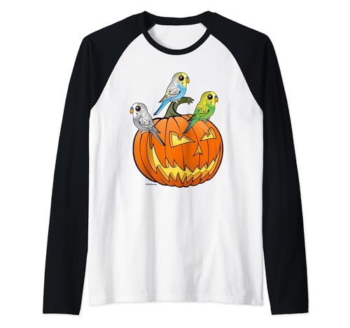 Cute Budgies Halloween Design | Budgerigars & Pumpkin Raglan Baseball Tee