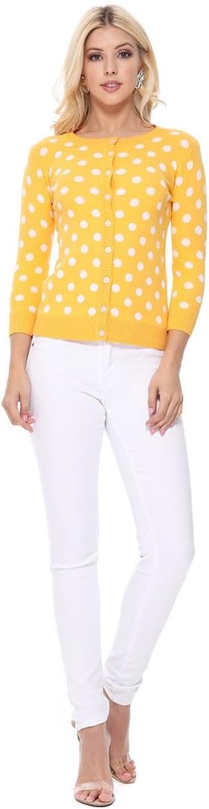 YEMAK Women's Polka Dot Cute Jacquard Crewneck Button Down Sweater Cardigan
