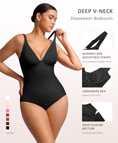 FeelinGirl Shapewear Bodysuits for Women Tummy Control Butt Lifter Panty Deep V Neck Bodysuit Tops - Thumbnail 3