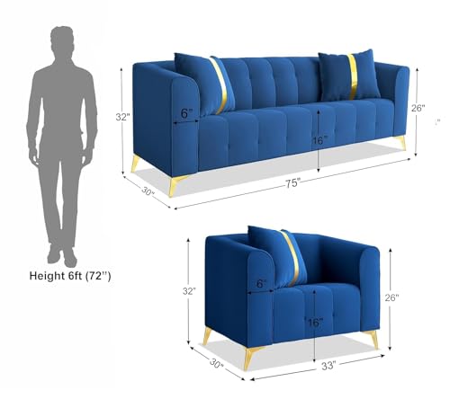 Image of A to Z Furniture Classic Chesterfield Sofa Set Luxury Chesterfield Sofa in for Home Living Room & Office (Blue)