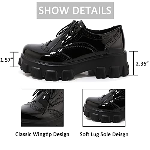 Kokomomo Womens Wingtip Patent Leather Oxfords Vintage Chunky Heels Lace Up Pumps,Size 8.5 Black #TOP3