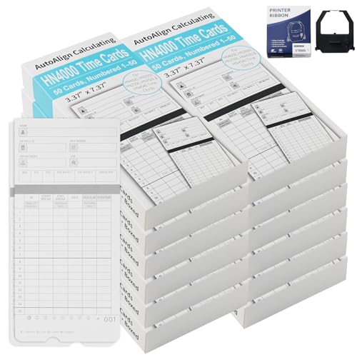 600 Time Cards Includes 2 Replacement Ink Ribbons for HN4000 Employee Time Clocks – Compatible with uPunch HN4000,HN2000, HN2500, HN4500 – Pre-Punched, Cards Numbered 1–50,