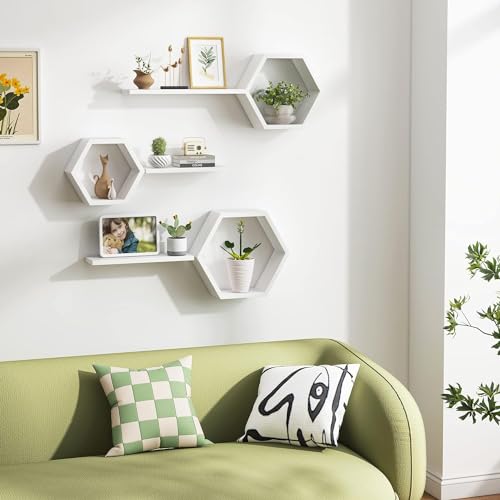 Image of Wooden Floating Wall Shelves Wall Mounted - Set of 6 Hexagon Shelves Display for Photos, Plants, Honeycomb Shelves for Living Room, Bedroom, Bathroom, Kitchen, Office (White)
