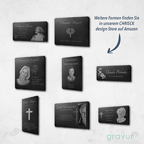 CHRISCK design Schiefer Gedenktafel Grabplatte mit hochwertiger Gravur - Nur bei Uns: Wetterfester Gravurschutz - Grabstein Urnengrab Grabschmuck selbst gestalten - Andenken an geliebten Mensch