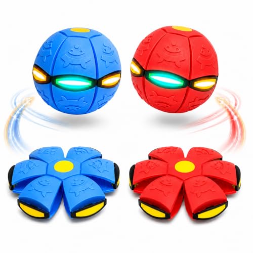 LETIAFINE 2 Pack LED Light Up 6-Lights Magic Bouncing Ball Toy Transforming Flying Disc Ball Pop-Up Rebound Ball Outdoor Toss & Catch Interactive Sports Game for Backyard Play