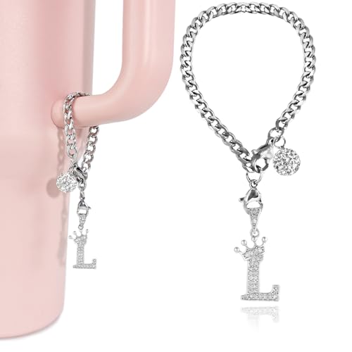 Silver Letter Charms for Stanley Cup- Crown Letter Charms Accessories for Stanley Handle 40Oz Tumblers Water Bottle Cup Initial Keychain with Diamond Glitter Jewelry Personalized Decorations L