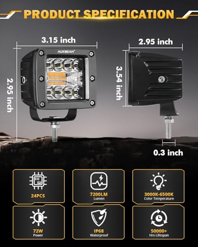 Image of Auxbeam LED Pods 3 Inch 72W Amber Fog Light, 6 Modes Strobe Cube Pod Light Bar Dual Color Yellow Spot Flood Offroad Driving Lights Ditch Lights for Truck Car ATV
