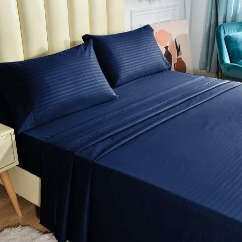 JÁCLER Queen 4 Piece Sheet Set- Microfiber Bedding - Bed Sheets - Extra Soft - Easy Fit - Breathable & Cooling Sheets - Comfy, Wrinkle, Fade - Stain Resistant– Stripe Navy