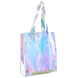tuleboln Doorzichtige draagtas, holografische, regenboogkleuren, glinsterende handtas, ideaal voor sportspellen, werk, reizen, stadions voor concerten, 32,5 x 37,5 x 7,5 cm, zilver
