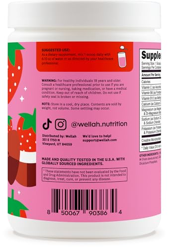 Image of Wellah Creatine + Electrolytes Powder (Strawberry Coconut) 30 Servings - Hydration Drink Mix with 3g of Creatine Monohydrate