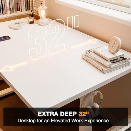 Image of Grandder 55x32 Large Electric Standing Desk, Height Adjustable Computer Desk with 2 Memory Presets, 31.5 inch Deep Desktop Sit Stand Desk Home Office Desk Workstation Table with Hooks, White