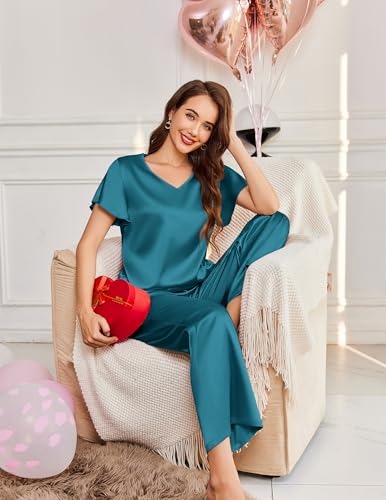 Image of Ekouaer Women's Satin Silky Pajama Set 2 Piece Short Sleeve Shirt with Long Pants Pjs Sets Soft PJ Loungewear S-XXL