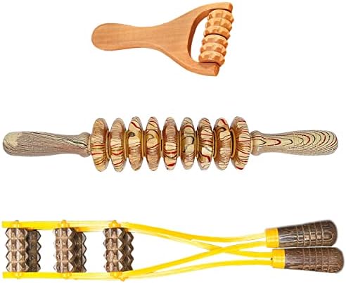 Wood Therapy Massage Tools Set, Maderoterapia Kit, Pull Back Roller Massager, Foot Massage Roller, Handheld Wooden Massage Roller for Hand, Waist, Abdomen, Feet and Other Body Parts (3 in 1)