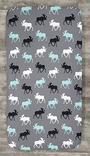 Image of Dear Baby Gear - Baby Crib Sheets - Toddler Bed Sheets - Breathable Fitted Bed Sheet - Nursery Bedding - Cribs Mattress Cover - Standard Crib Sheet - 52x28x10 (Mint Black White Moose on Gray Print)