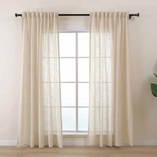 L.Z.E Curtains Beige Semi Sheer, 90 Inch Drop Linen Look Curtain with Pencil Pleat