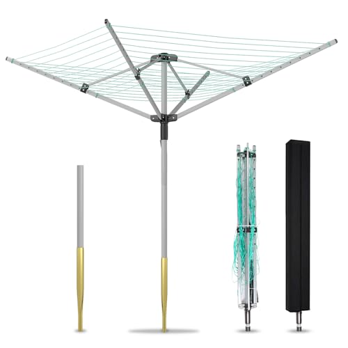 FWTRMRC Outdoor Umbrella Drying Rack 165 Feet Umbrella Clothesline with 12 Lines Rotary Drying Rack Adjustable Height 4-Arm Foldable Clothes Drying Rack with Protective Cover for Backyard- Green