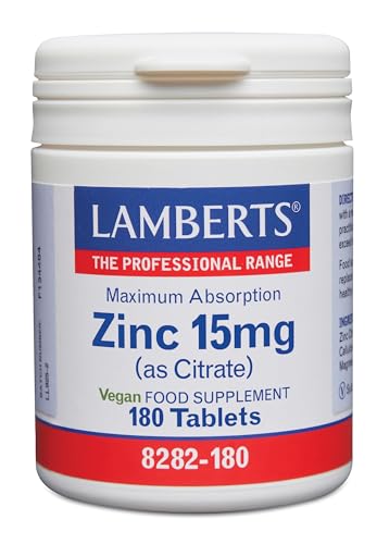 Lamberts Zinc 15 mg como Citrato | 180 Tabletas | Una al Día | Máxima Absorción | Sin Gluten | Sin OGM | Calidad Farmacéutica GMP