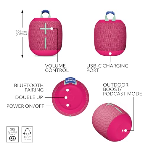 Image of Ultimate Ears WONDERBOOM 4 Portable Waterproof Bluetooth Speaker with Big Bass and 360-Degree Sound, Dustproof Floating Speaker with 131ft (40m) Range - Pink