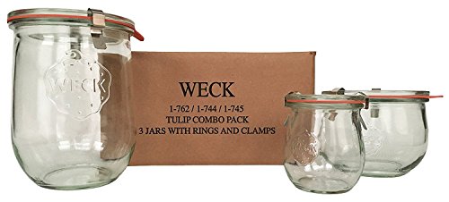Weck Tulip Jar Combo Pack- (1) 762 (1) 744 (1) 745 (3) glass lids (3) rubber rings and (6) clamps