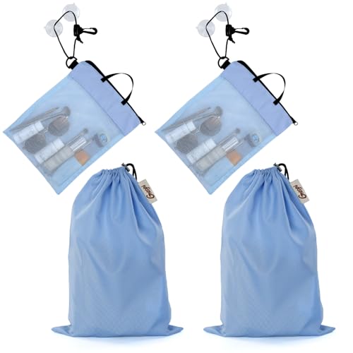 GNEGNI LIFE 4 PCS Travel Toiletry Bag Hanging - 2 Set Portable Shower Organiser with Suction Hook, Foldable Mesh Caddy Toiletry Bags for Gym, Camping for Men & Women
