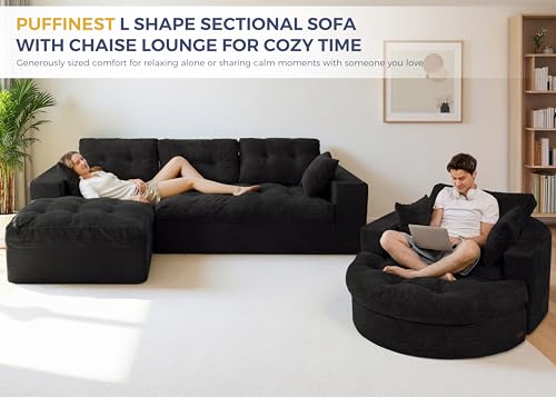 Image of MAXYOYO L Shape Sectional Sofa Couch and Round Chaise Lounge, Modern Cloud Couch with Ottoman, Comfy Sofa with Layered Cushion, Tufted Upholstered Sleeper Chair for Living Room, No Assembly Required