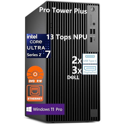 Image of Dell Pro Tower Plus Desktop Computers, Intel 20-Core Ultra 7 265 (13 Tops NPU), 8GB DDR5 RAM, 512GB PCIe SSD, Copilot AI Business PC, DVDRW, 3 DisplayPorts, 2 Type-C, Windows 11 Pro