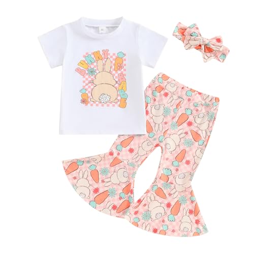 Hnyenmcko Toddler Baby Girl Easter Outfits Short Sleeve Letter Print T-Shirt Bunny Flared Pant Sets Summer Clothes Set (AB-White Orange, 18-24 Months)