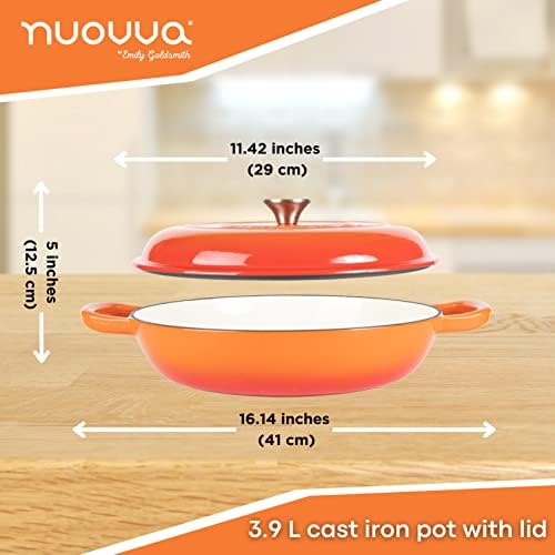 Shallow Cast Iron Casserole with Lid  Non Stick Dutch Oven Pot  Sturdy Ovenproof Stockpot Cookware  Enamelled Cooking Pot  Orange, 3.5L, 30cm  by Nuovva
