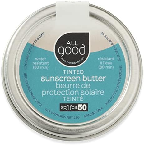 All Good Tinted Mineral Sunscreen Butter for Face, Nose, Ears - UVA/UVB Broad Spectrum, SPF 50, Zinc Oxide, Coral Reef Friendly, Water Resistant, Coconut Oil, Jojoba Oil, Beeswax, Vitamin E (1 oz)
