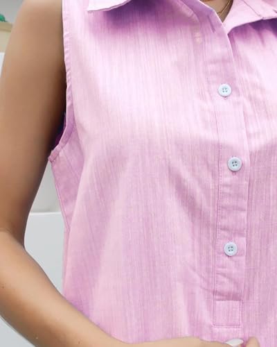Image of Women Sleeveless Mini Dress Button Down Shirt Dress V Neck Reffle Hem Cotton Linen Tunic Short Dress