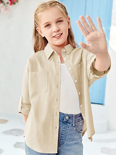 Modershe Girls Roll Up Cuffed Sleeve Button Down Shirts Cute Casual Pockets Blouses 5-14 Years Kids Loose Collared Tunic Tops Beige #TOP1