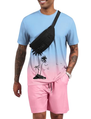 LecGee Men's 2 Piece Short Sleeve Tracksuit Tropical Graphic T Shirt Hawaiian Tee Solid Shorts Set Summer Casual Outfits2