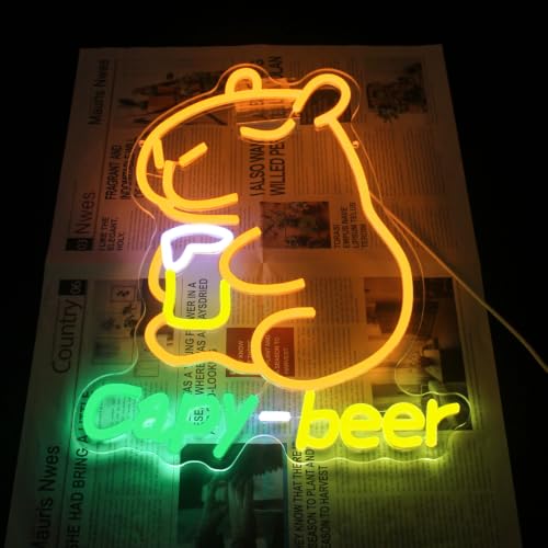 Image of Capybara Beer Neon Sign Animal LED Lights for Bar Man Cave Wall Decor Gifts | Funny Cartoon Neon Light, Dimmable Capy Beer LED Sign, USB Powered, Acrylic Bar Neon Wall Sign, Birthday Gifts, Party Supply