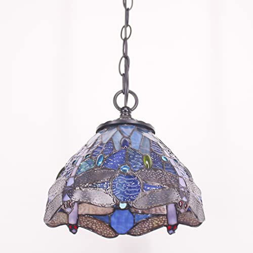 Rhlamps Tiffany Pendant Lighting With W8H7 Inch Navy Blue Stained Glass Dragonfly Style Shade, Vintage Black Metal Hanging Lamp, Luxury Ceiling Fixture For Living Room Bedroom Kitchen Dining Room #TOP7