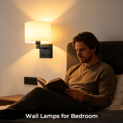 Image of Plug in Wall Sconce, Wall Lamp with Black Base Cylindrical Shape | Wall Lamps for Bedroom Living Room Hotel, Dimmable 1pcs Bulb Included, Bedside Lamp with AC Outlet & USBA+C Charging Port