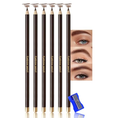 JUAAZIN 6Pcs Long Eyebrow Pencils Set, Coffee Natural Look, for Eyebrows & Eyeliner,Waterproof & Sweat-Proof Wooden Hard-Core Brow Pencil with Sharpener,Long Lasting Makeup Kit for Beginners104#