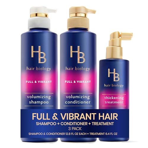 Hair Biology Full & Vibrant Set Including: Volumizing Shampoo (12.8 Fl Oz) Conditioner (12.8 Fl Oz) & Thickening Treatment (6.4 Fl Oz) for Thin or Fine Hair Biotin Infused Paraben-Free Color-Safe