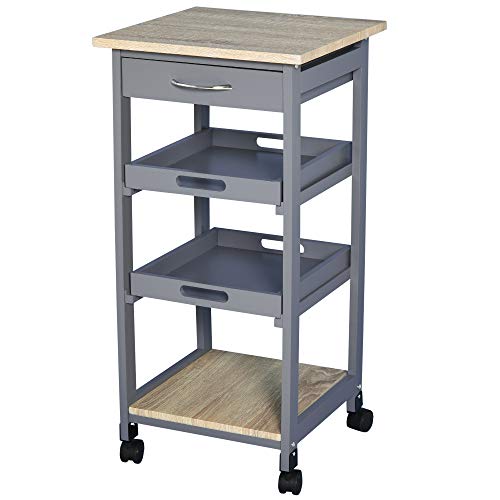 HOMCOM Chariot de Service desserte de Cuisine à roulettes 2 Plateaux Amovibles, tiroir, étagère MDF chêne Clair Bois pin Gris