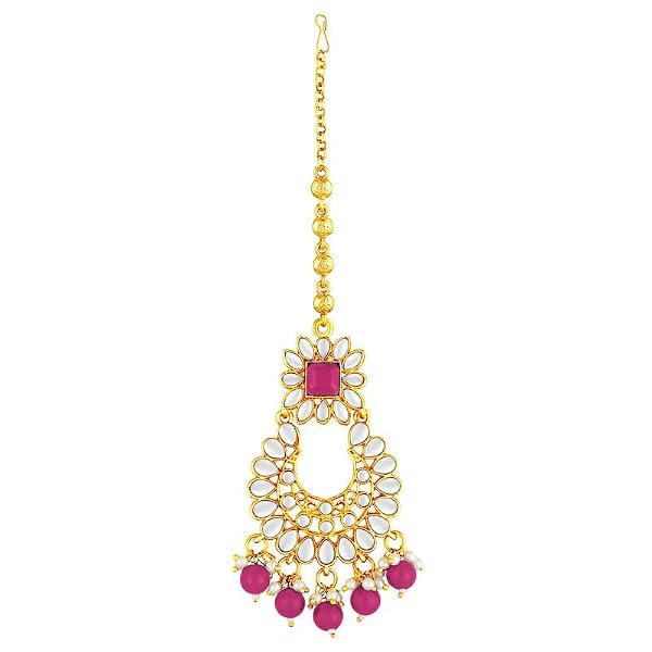 Aheli Bridal Kundan Faux Pearl Choker Necklace with Earrings Maang Tikka for Women Girls Indian Traditional Bollywood Fashion Jewelry Set Rani Pink by Aheli - Used condition - Image 8