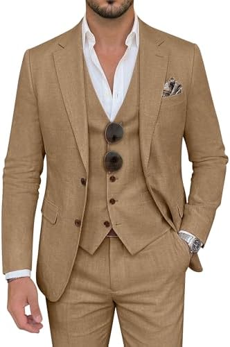 Men's Suit 3 Piece Linen Suits Slim Fit Suit Blazer Vest Pants Se...