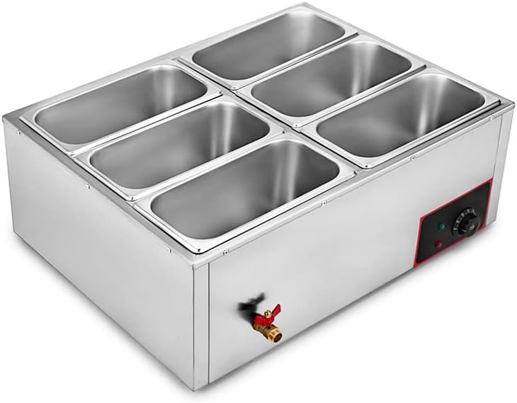 Commercial 7L Countertop Food Warmer with Tap - 110V Stainless Steel Electric Food Soup Dish Buffet Set Container - Chafing Dish Full Steamer for Party Wedding Banquet (6 Grids Serving Section)