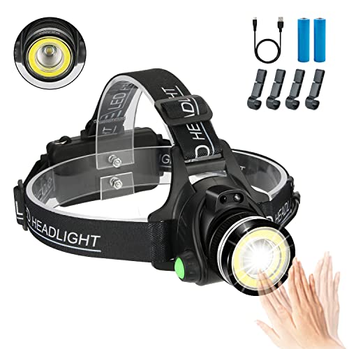 Headlamp with Motion Sensor, 2 in 1 Newest T6 Spot Zoomable+COB Board Flood Hardhat Light, 6000 Lumen Waterproof USB Rechargeable Hard Hat Head Lamp, Work Headlight with 4 Clips for Camping Hunting