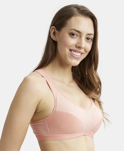 Image of Jockey 1378 Women Wirefree Padded Super Combed Cotton Elastane Stretch Full Coverage Racerback Active Bra with StayFresh and Moisture Move Treatment