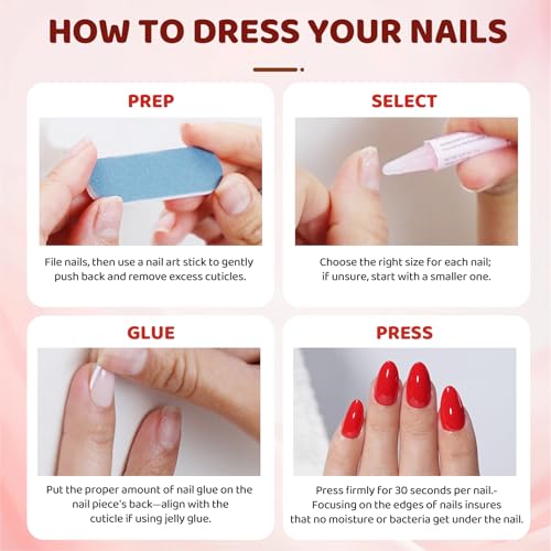 FrostyFlair Nail Press On Paznokcie, czerwone błyszczące krótkie paznokcie migdałowe do przyklejenia, sztuczne paznokcie wielokrotnego użytku, akrylowe tipsy dla kobiet