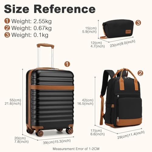 Kono 20 Inch Cabin Luggage Set, Lightweight Hard Shell Carry On Suitcase with Backpack Toiletry Bag, 3 Piece Travel Luggage Sets Approved for Ryanair EasyJet (Black/Brown) - Image 3