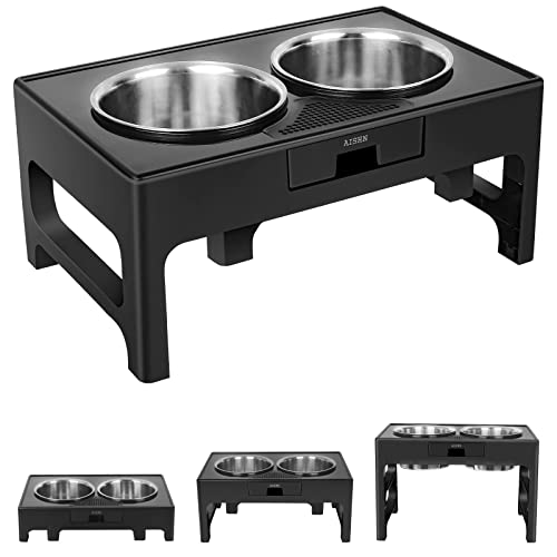 Elevated Dog Bowls, Stainless Steel Raised Bowl with Adjustable Stand, Double Food and Water for Medium Large Dogs or Cat, 3 Heights 3.9”, 7.8”, 11.8” (Black)
